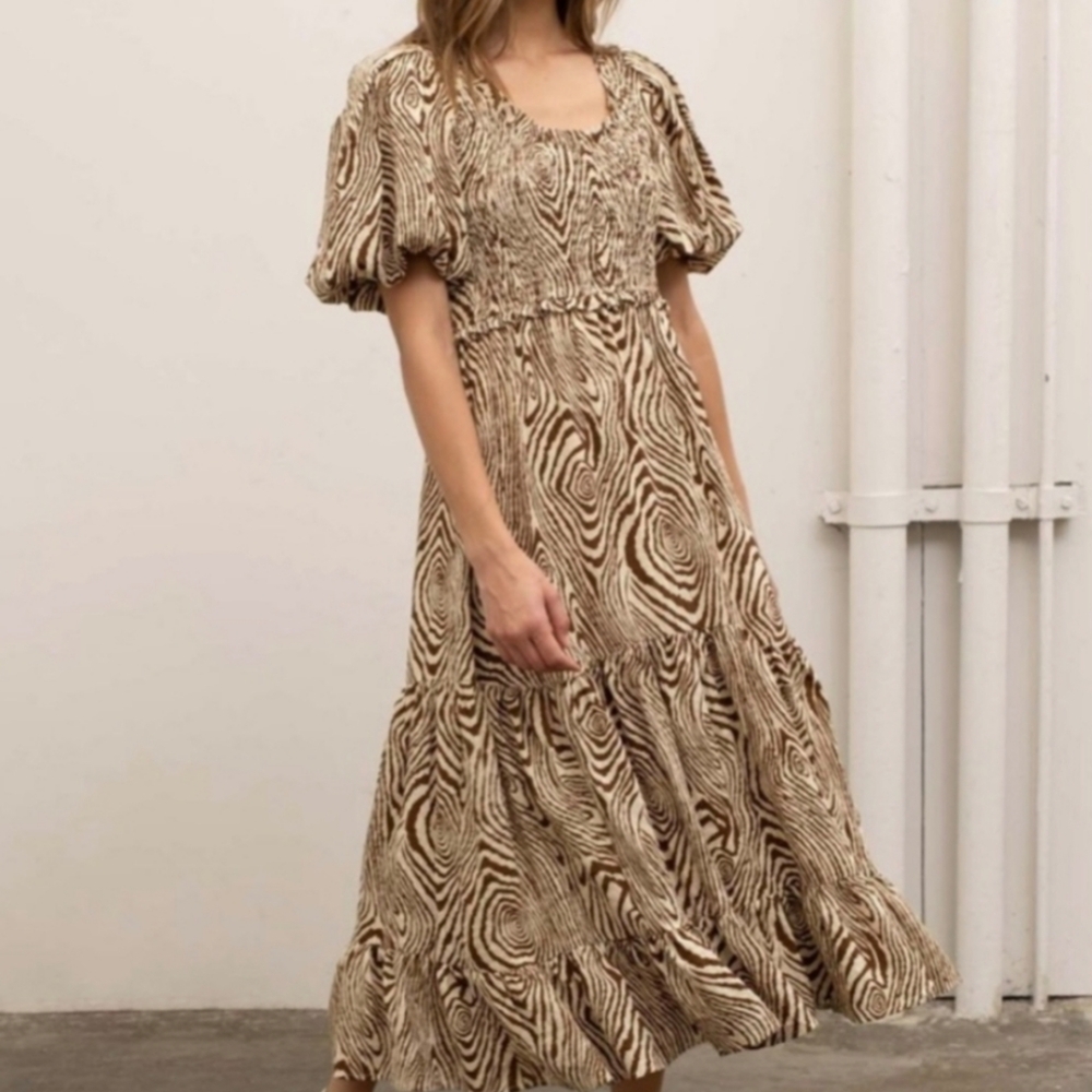 Anthropologie Moon River Smocked Puff Sleeve Midi Dress in Chocolate Swirl Print - Picture 2 of 11